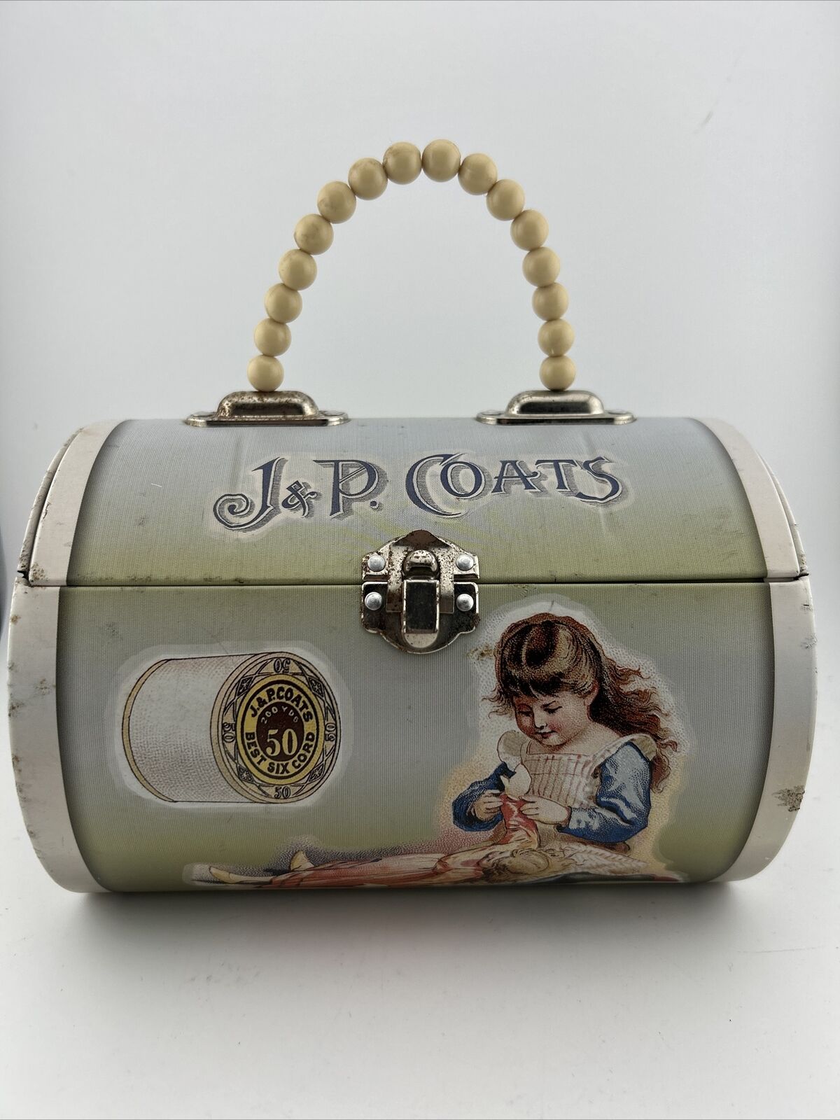 Vintage J&P Coats & Clark Tin Bead Handle Purse, Sewing Box Collectable carrier