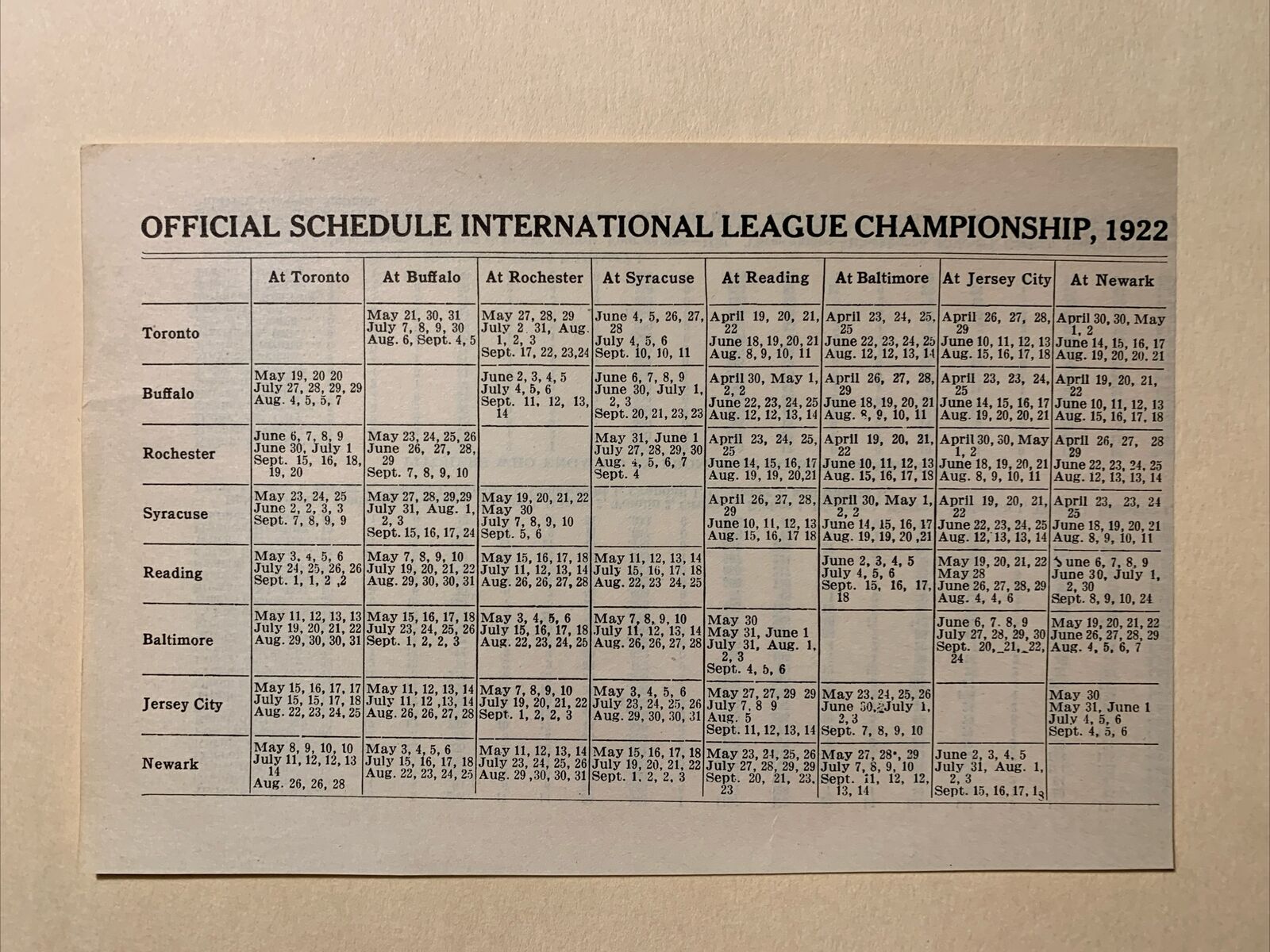 Official International League 1922 Season Baseball 4X6 Schedule
