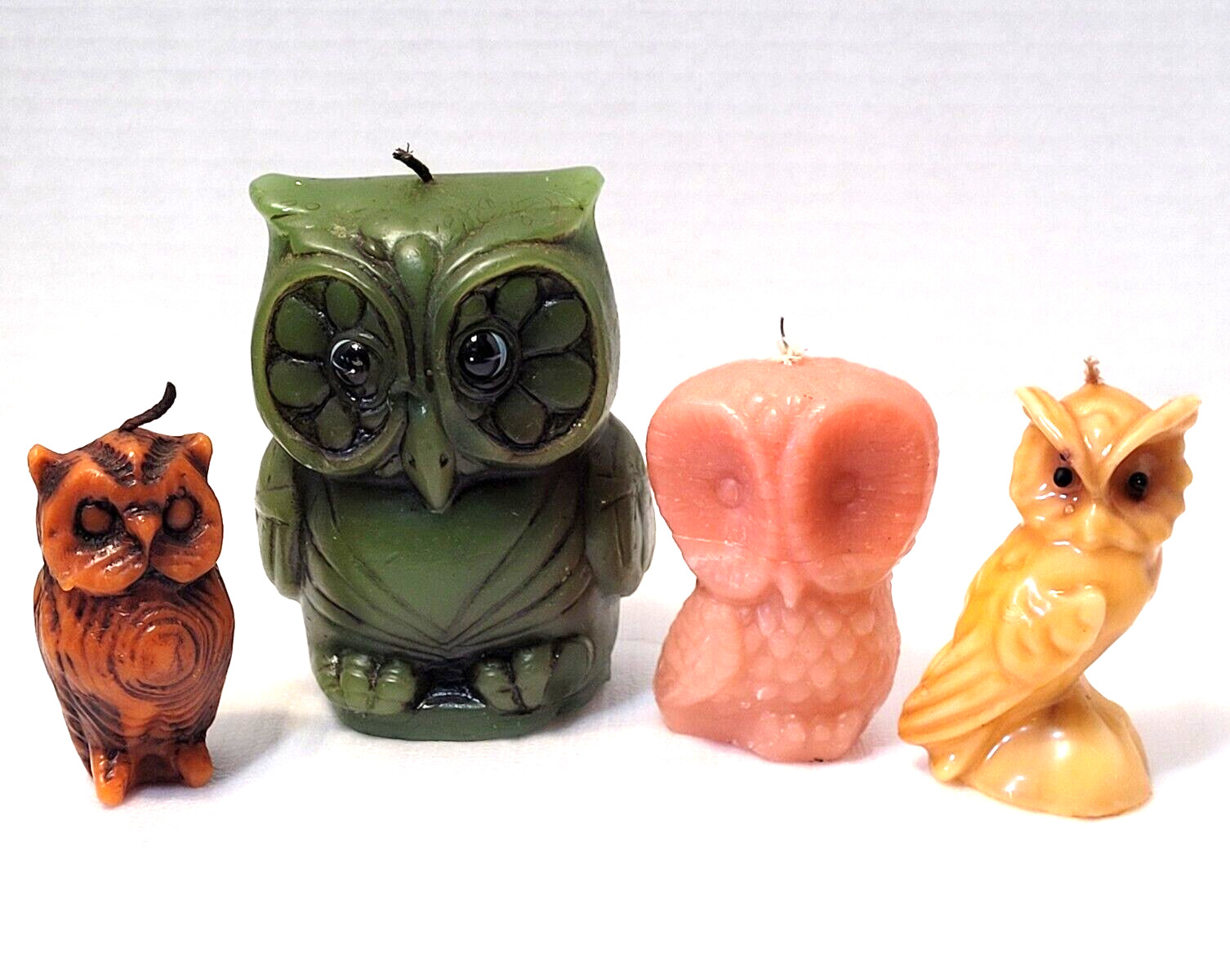 Lot of 4 Vintage Mid Century Modern Wax Owl Candles 1960's -70's New Old Stock