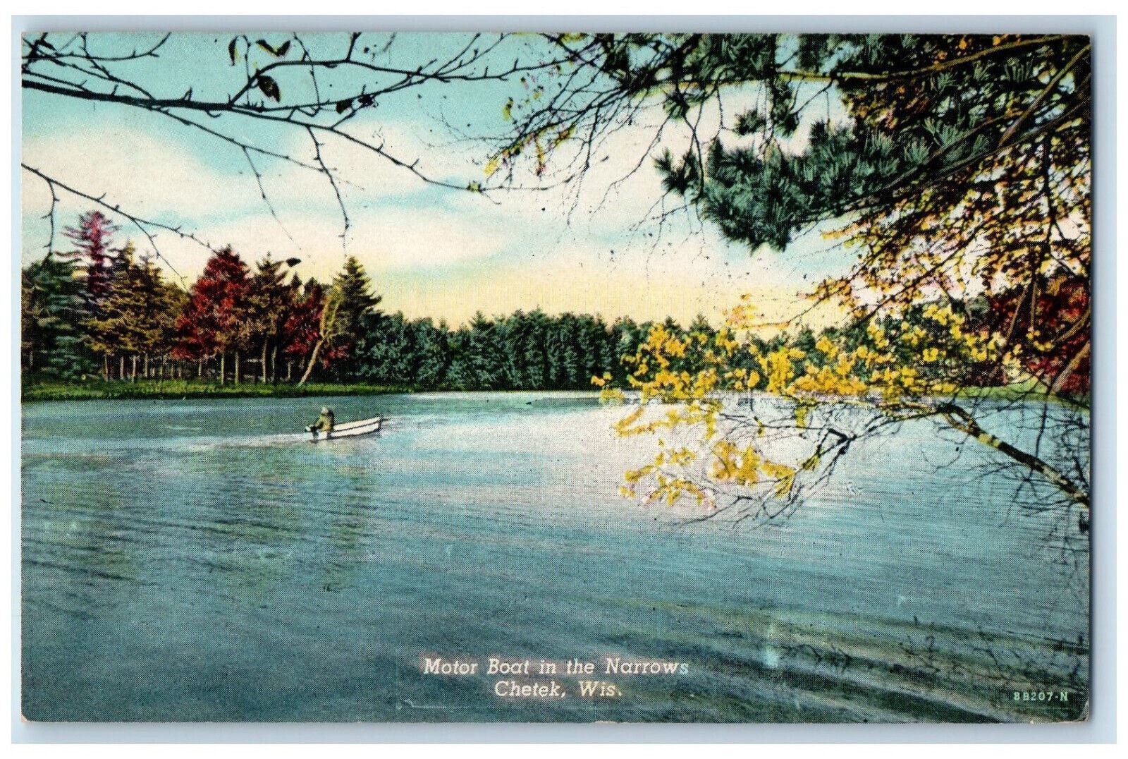 c1950\'s Motor Boat in the Narrows Chetek Wisconsin WI Vintage Postcard