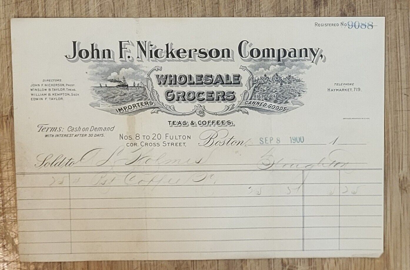 1900 Billhead Boston Massachusetts John F Nickerson Wholesale Grocers