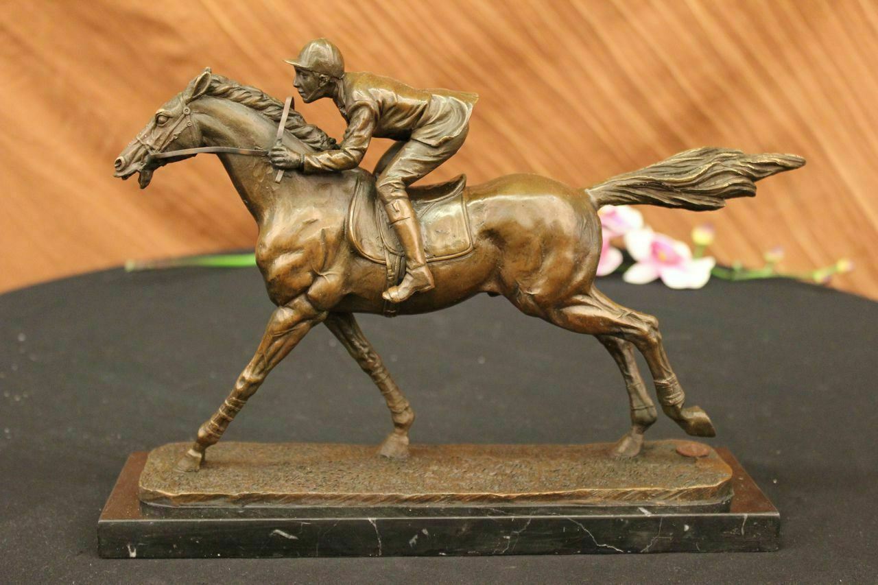 French Vintage Bronze Statue Sculpture Horse Jockey France circa 1970 Home Deco