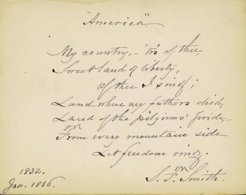 SAMUEL FRANCIS SMITH - AUTOGRAPH POEM SIGNED 1/1886