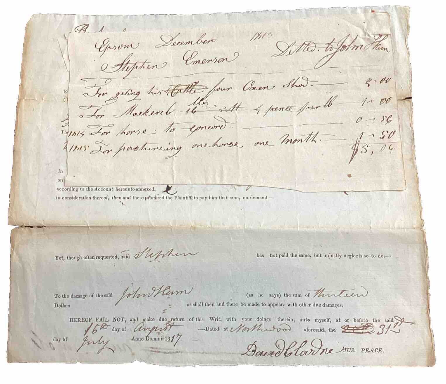 Unusual 1803 Document Letter Northwood New Hampshire Rockingham County NH