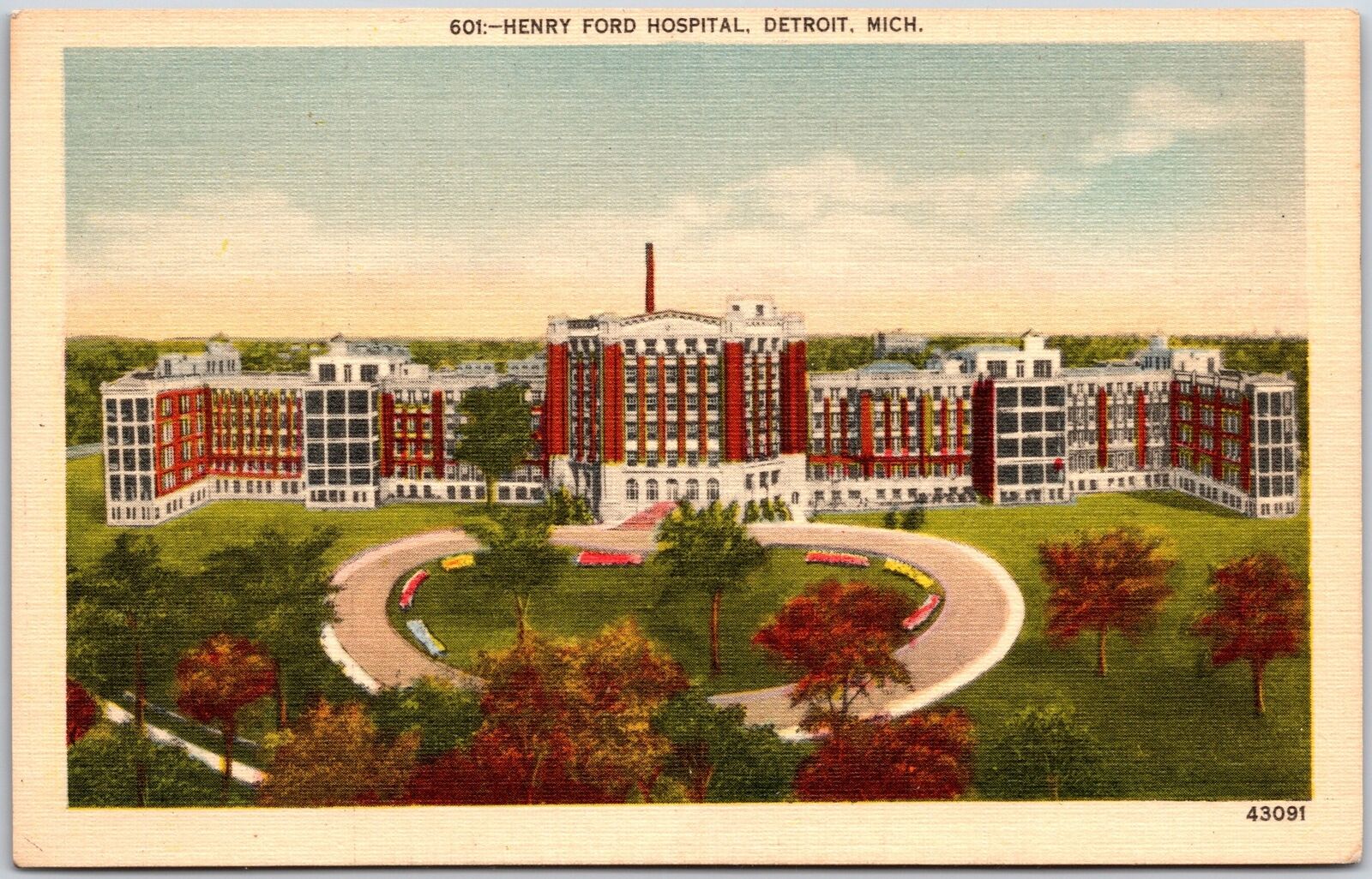 Detroit MI-Michigan, Henry Ford Hospital Landscaped Grounds Building, Postcard