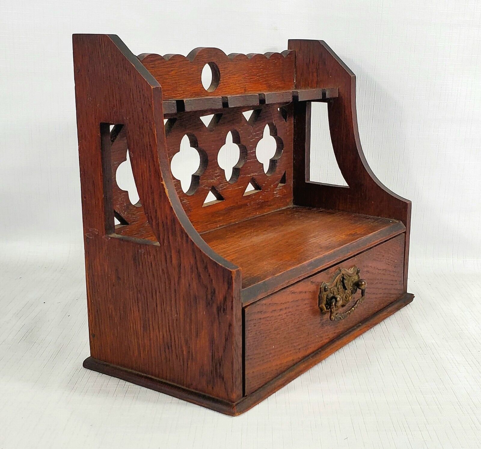 oak wooden pipe holder stand rack draw desktop tobacco antique Gothic Victorian 