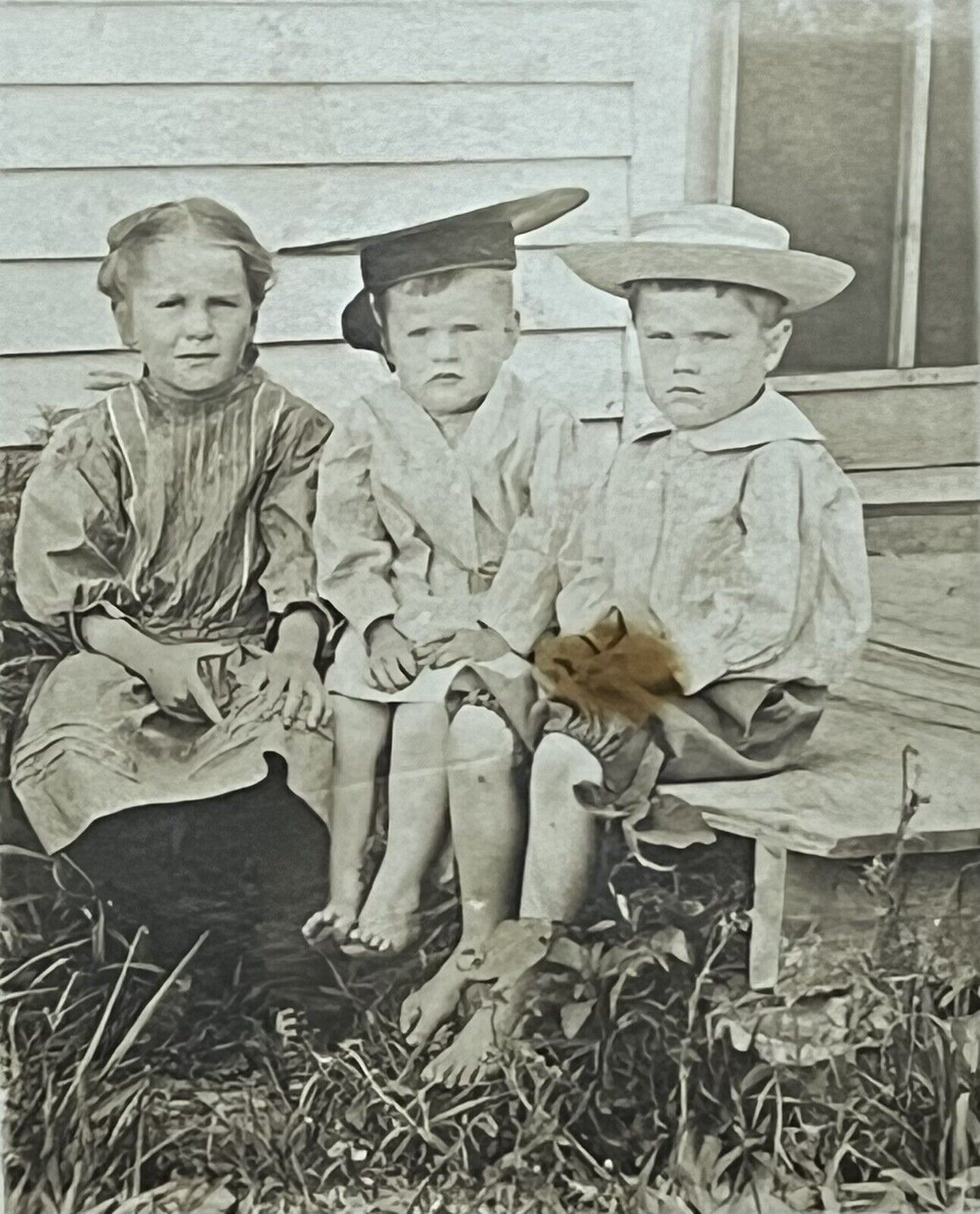 c1908 Kids With Hats On A Porch, Antique Real Photo Postcard RPPC
