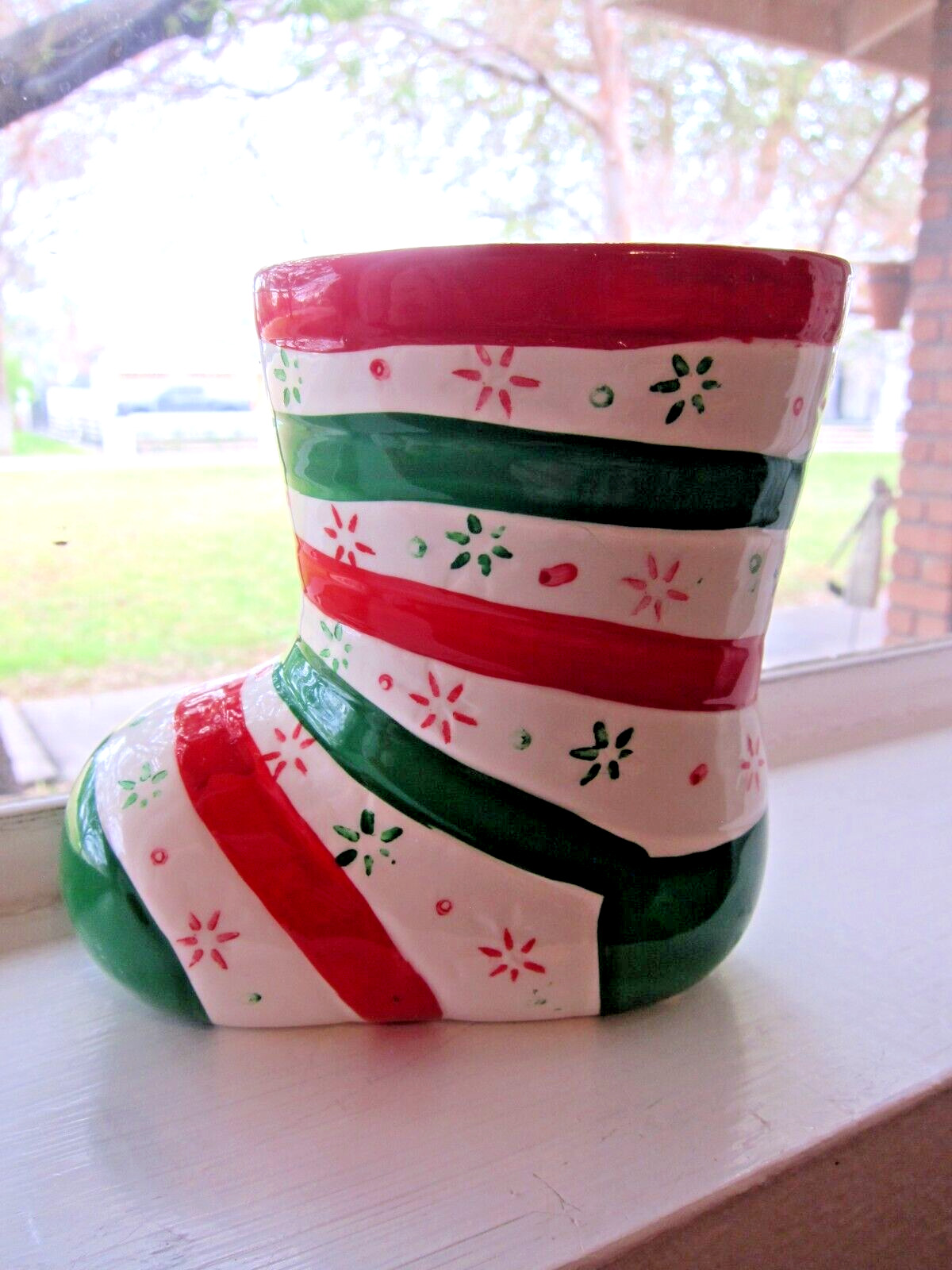 Vintage Striped Santa Boot Christmas Candy Holder Planter 5” Tall Ceramic