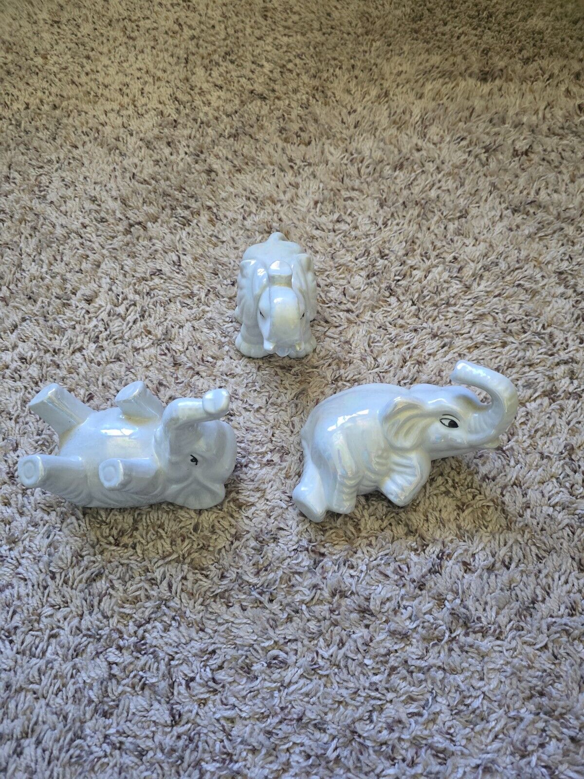 Set of 3 White Iridescent Playing Elephants