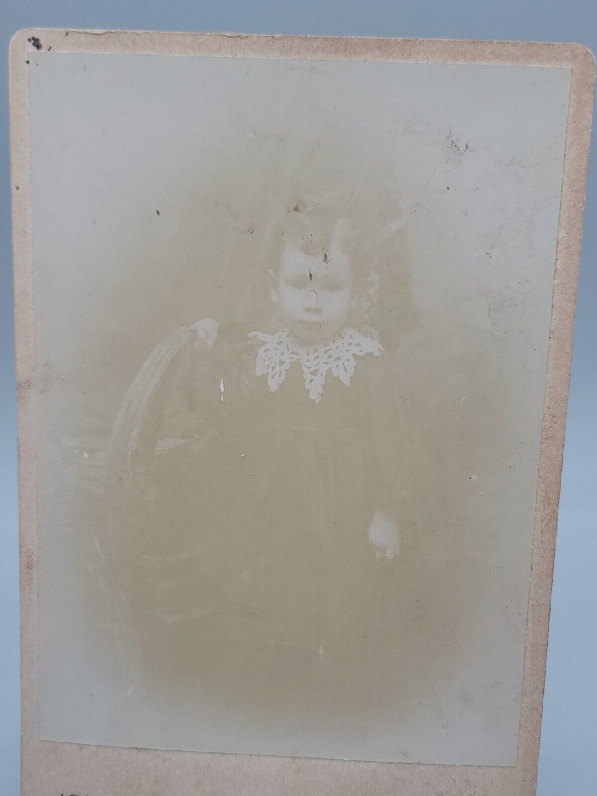 Antique Cabinet Card Little Girl Standing On Chair Dress Lacy Color For Gramma
