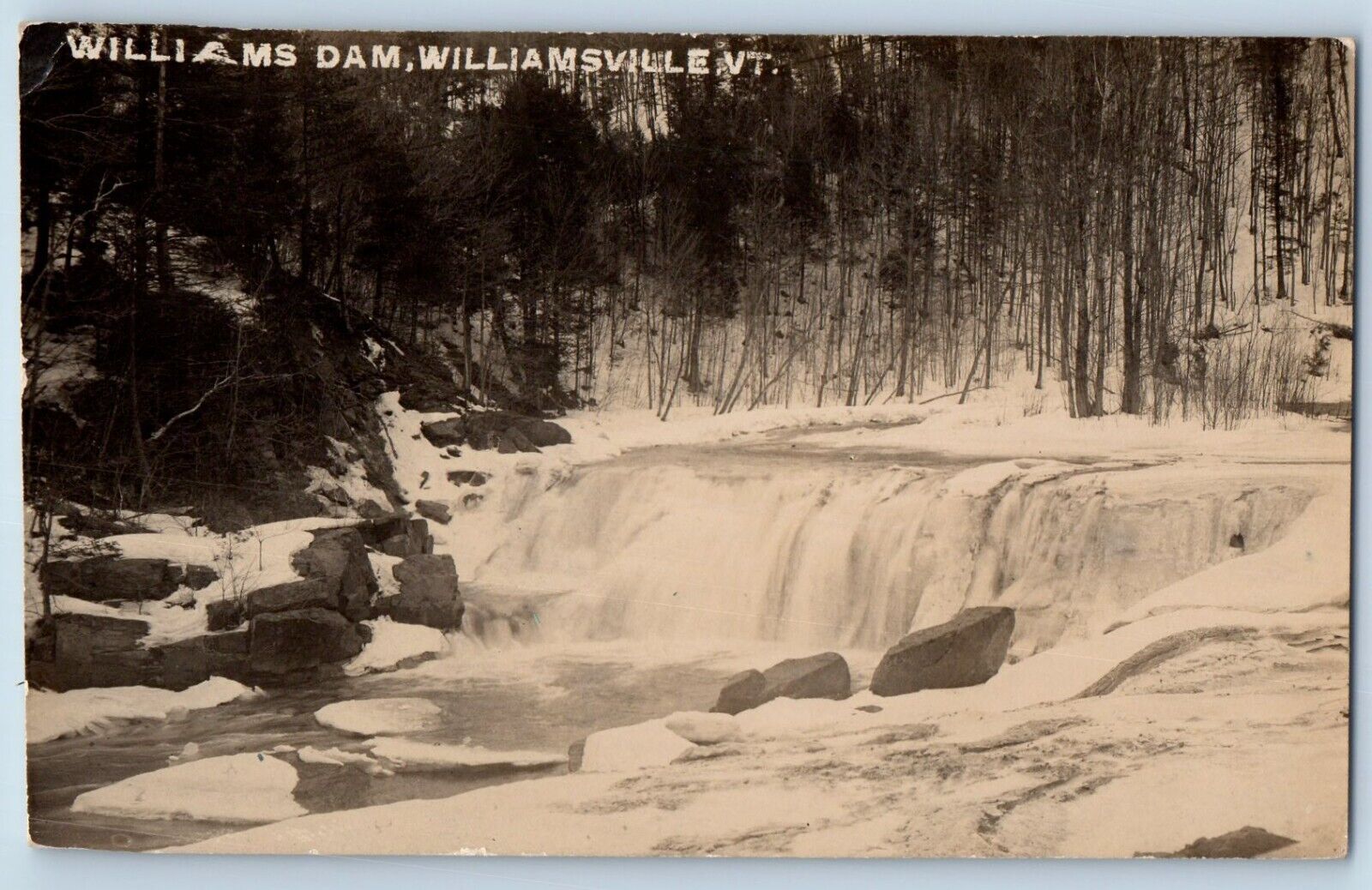 Williamsville VT Postcard RPPC Photo Williams Dam Winter Scene c1920's Vintage