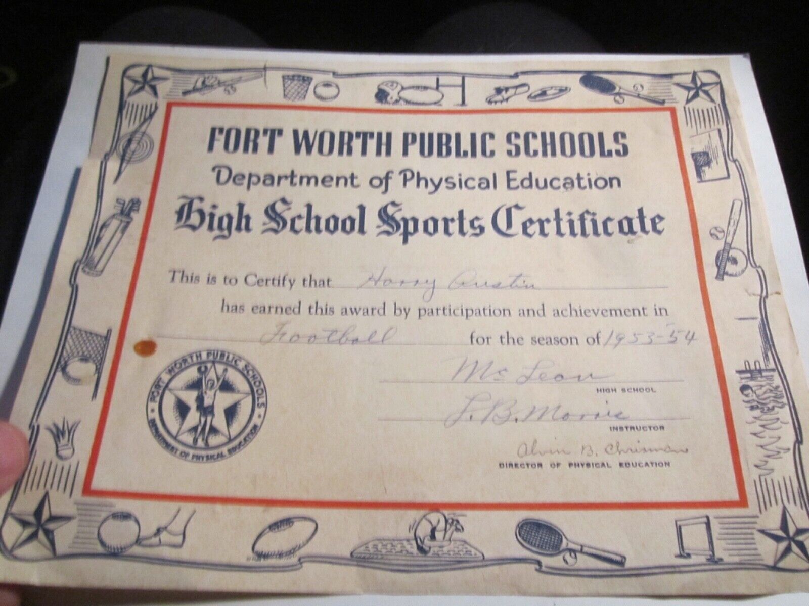 1953 FORT WORTH PUBLIC SCHOOLS HIGH SCHOOL SPORTS CERTIFICATE SIGNED - BBA-52