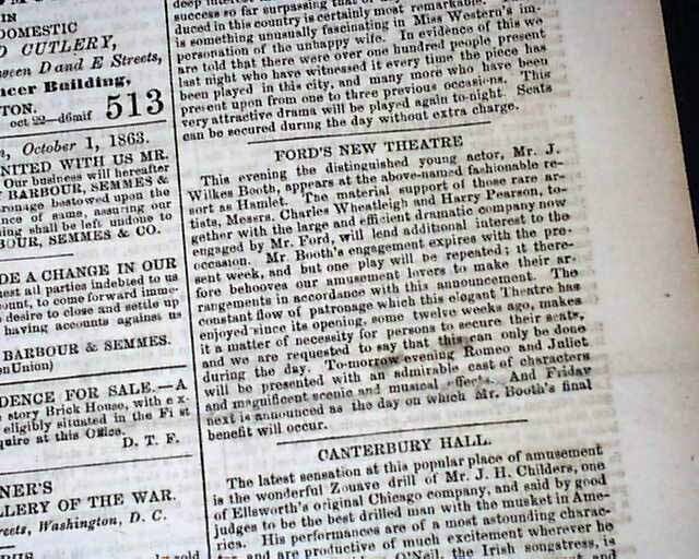 Actor JOHN WILKES BOOTH Ford's Theatre Play Performance 1863 Civil War Newspaper