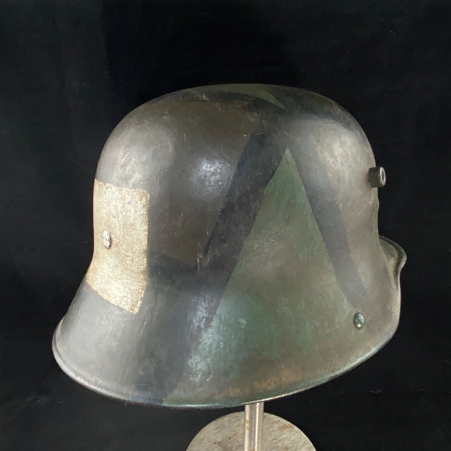 Original German WW1 M17 Stahlhelm Medic Helmet, Camo Paint, White Square, Si. 66