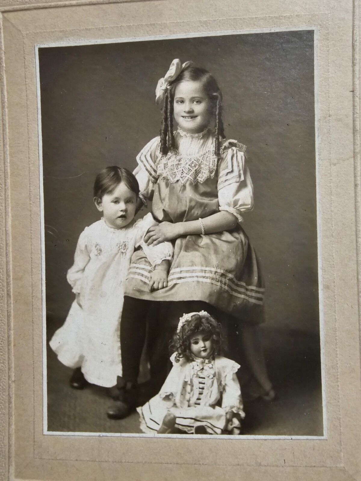 Antique Portrait Picture Children With Doll Creepy Photo On Board