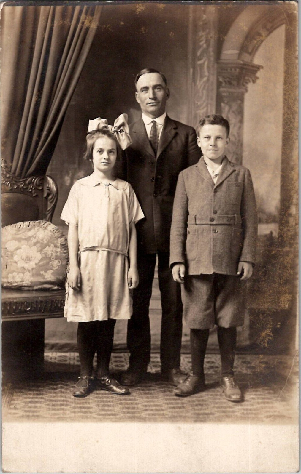 RPPC Rich Handsome Single Loving Father with Son and Daughter Family Portrait