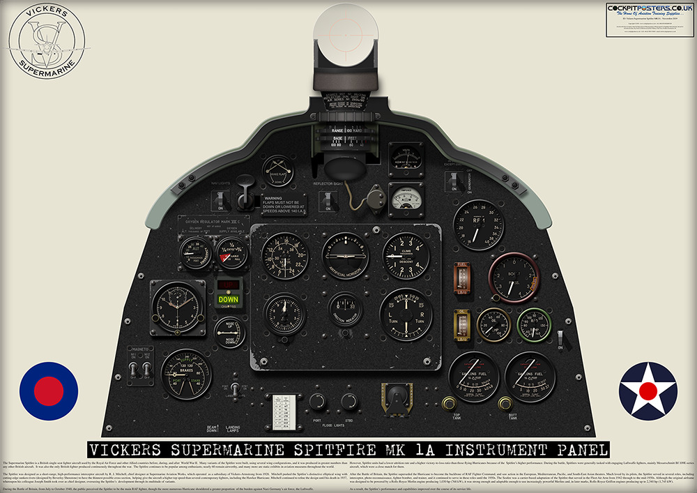 Vickers Supermarine Spitfire MK1A Cockpit Poster - Vector Drawn Artwork