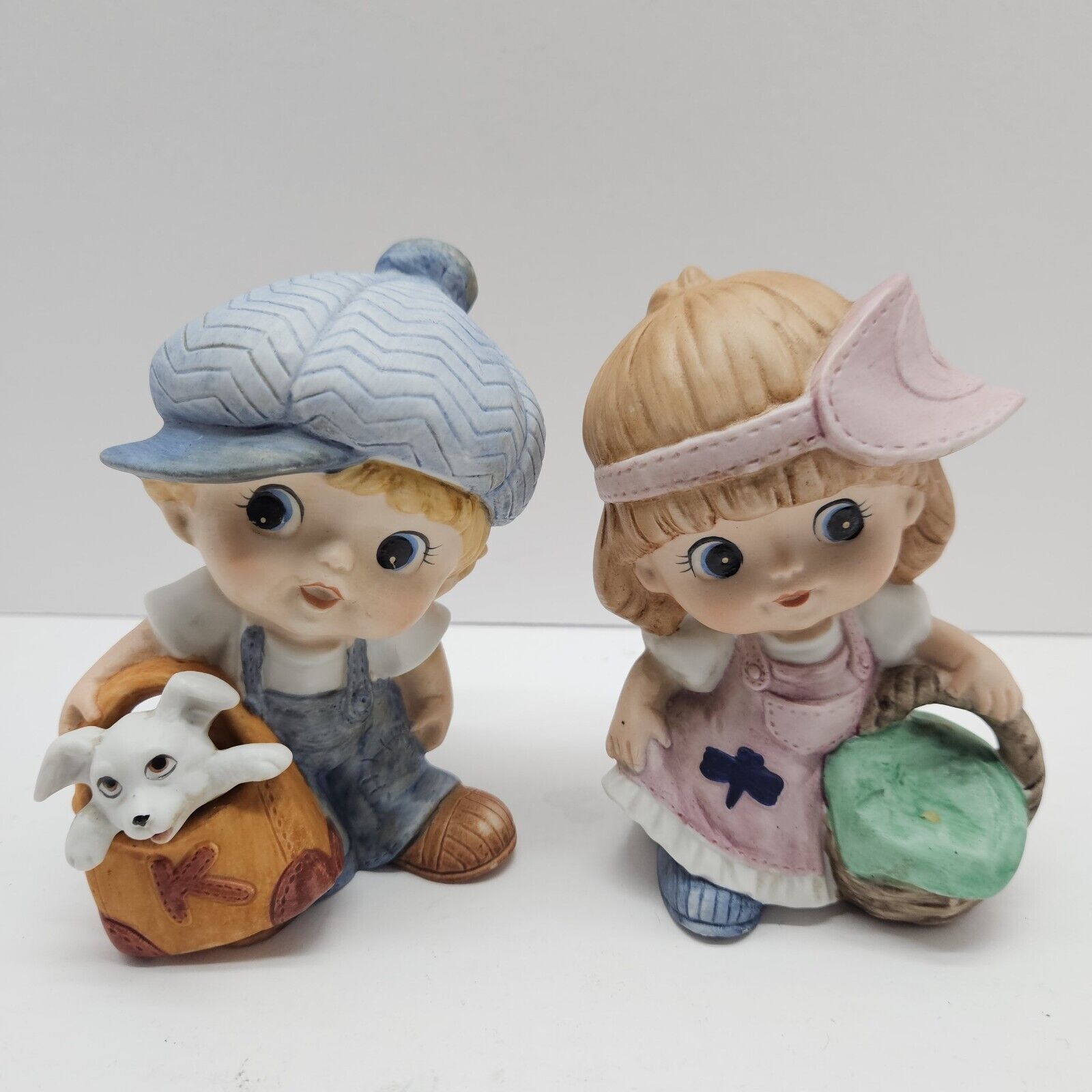 Vintage Homco #1439 Porcelain Girl w/Cat and Boy w/Dog Wearing Hats Adorable