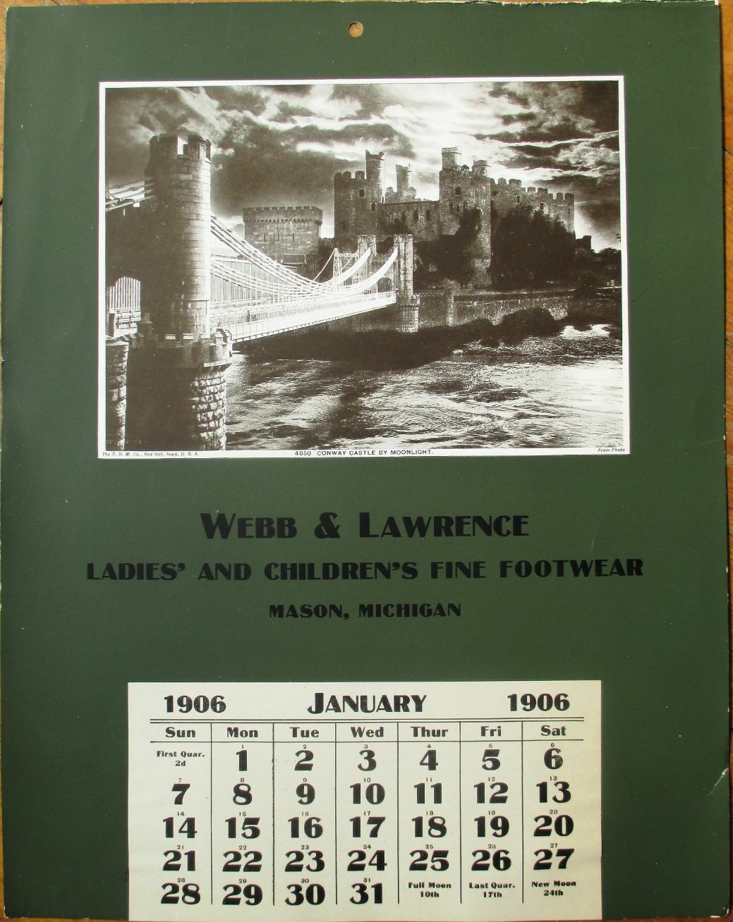 Mason, MI 1906 Shoe Store Advertising Calendar/Poster-Conway Castle by Moonlight