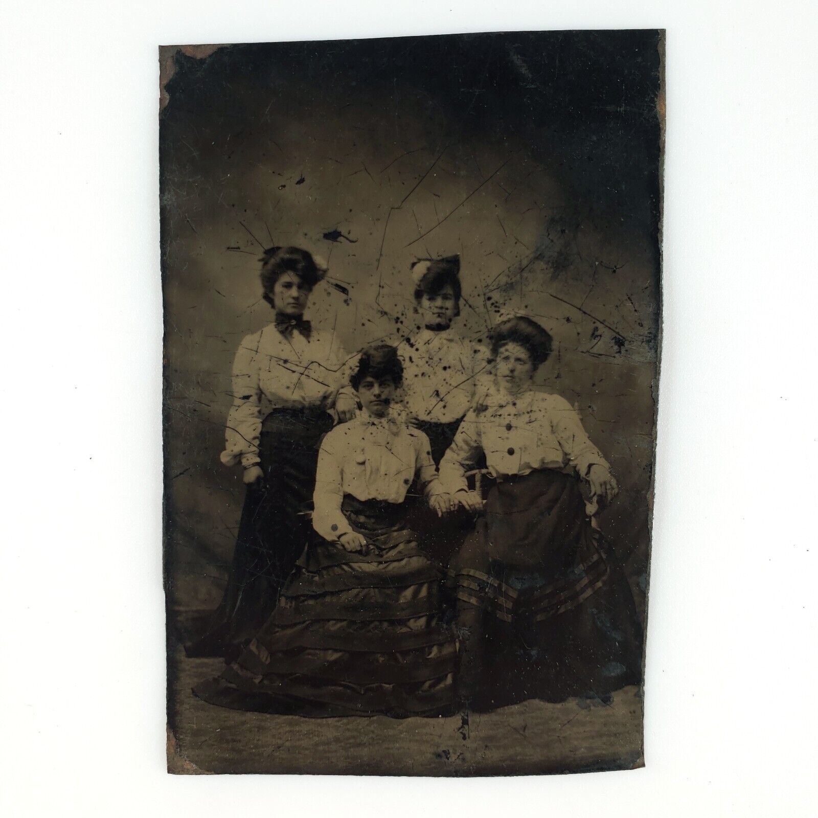 Beautiful Distressed Girl Group Tintype c1870 Antique 1/6 Plate Lady Photo B2812