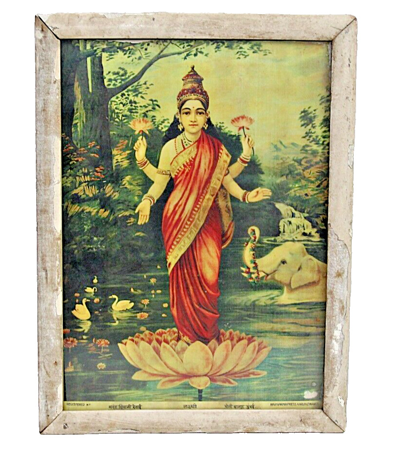 Vintage Raja Ravi Varma Press Framed Litho Print of Hindu Goddess Lakshmi India