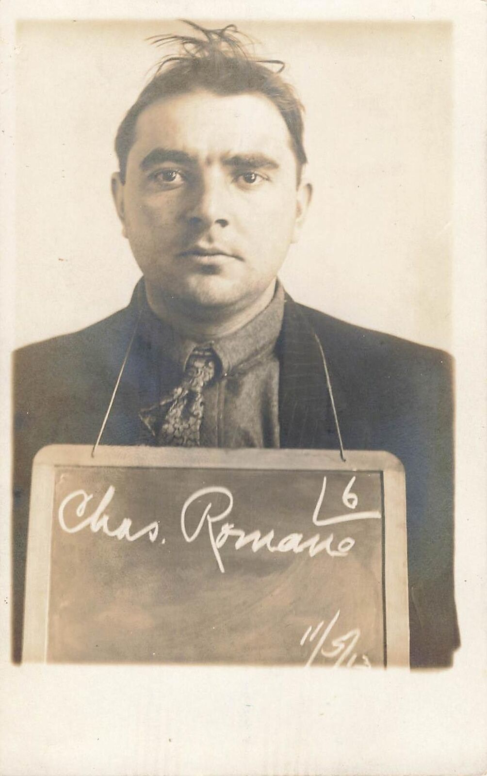 1913 RPPC Mugshot photo CHAS ROMANO Pimp Gambler Vagrant El Paso TX Postcard 