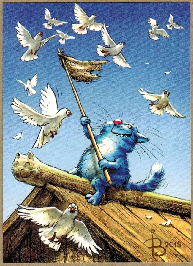 R.Zenyuk Russian postcard BLUE CAT plays with PIGEONS waving Flag on Roof