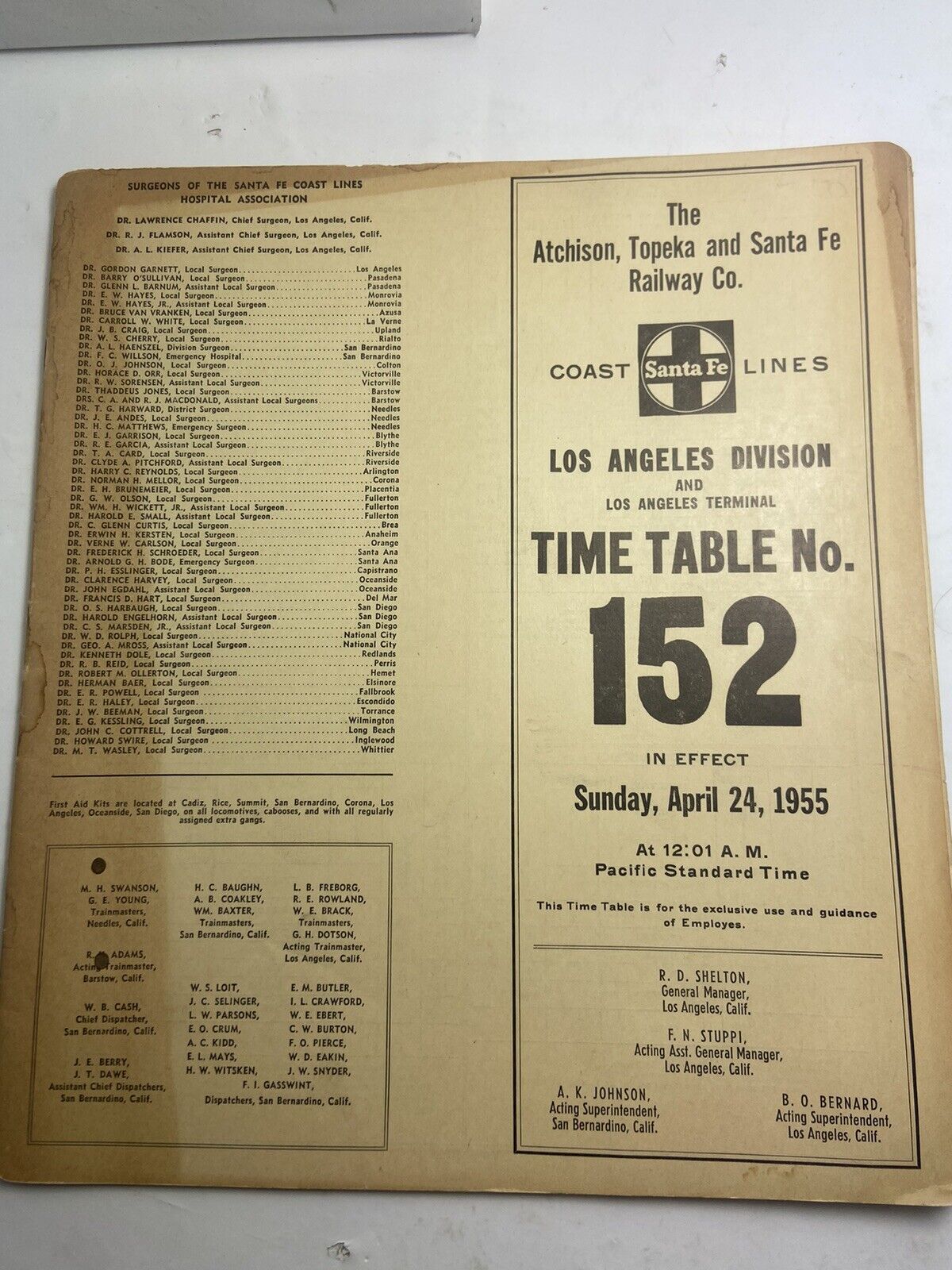 vtg RR Santa Fe Railroad 1955 Time Table 152 Atchison Topeka Railway Los Angeles