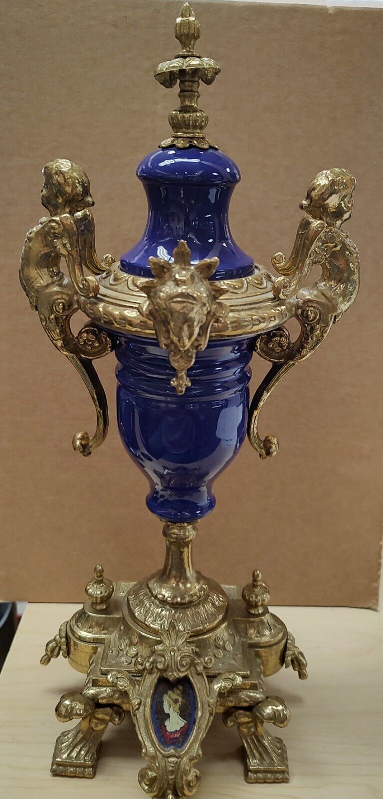 Rare Antique/Vtg Brevettato Italy Cobalt Blue & Brass Decorative Trophy Urn 14\