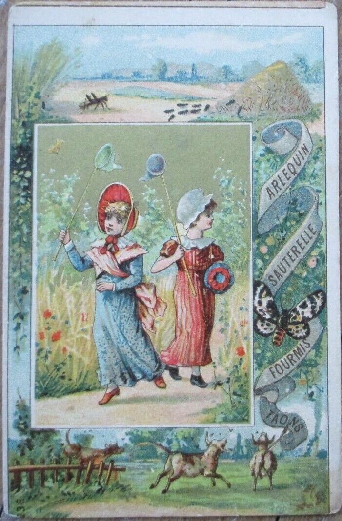 Insects & Children 1890 French Victorian Trade Card, Color Litho-Grasshopper/Ant