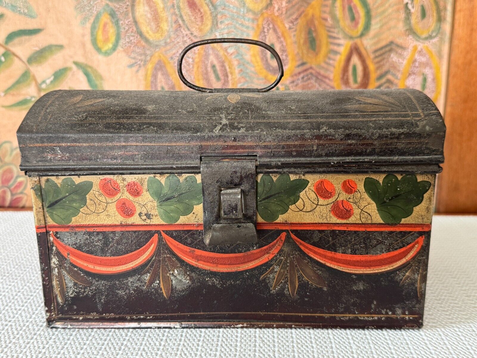 Antique Hand Painted Decorative Tole Tinware Document Box Toleware Domed Lid