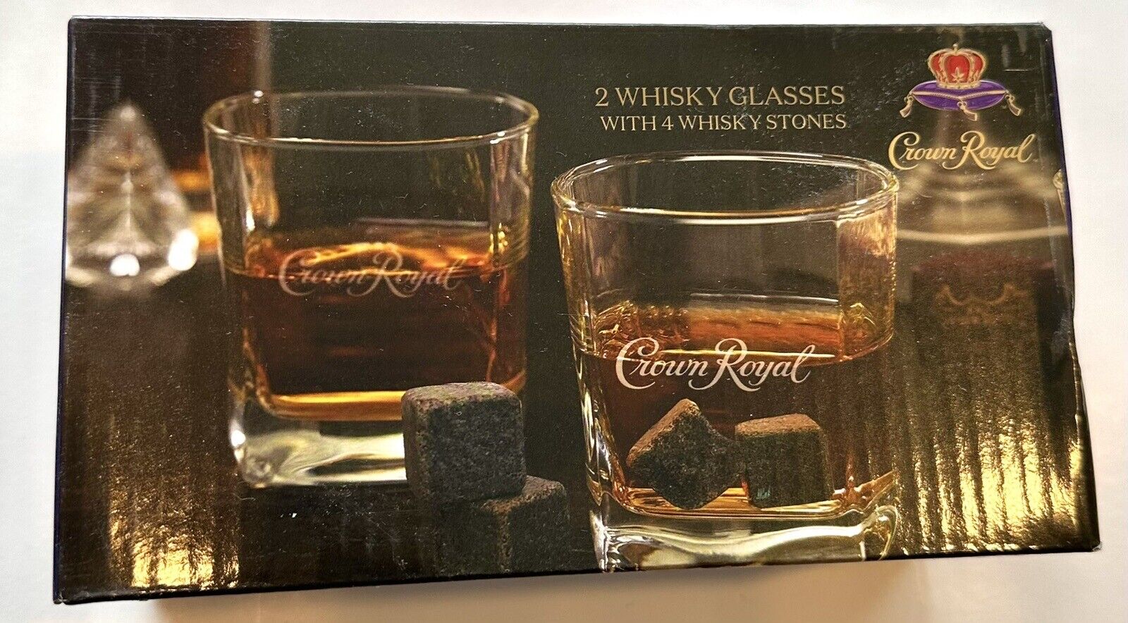 CROWN ROYAL Whiskey Glasses(2) 10oz W/ 4 WHISKEY STONES New In Box..