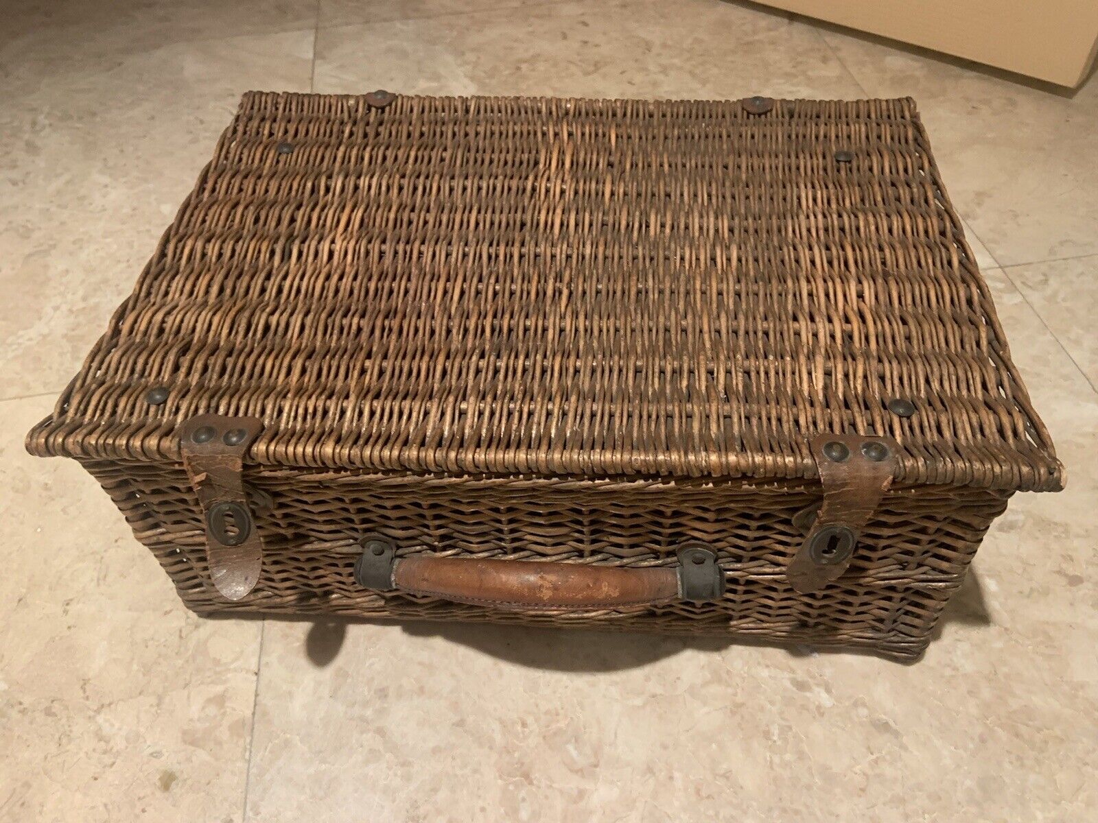 French leather bamboo Art deco antique picnic Whicker  box