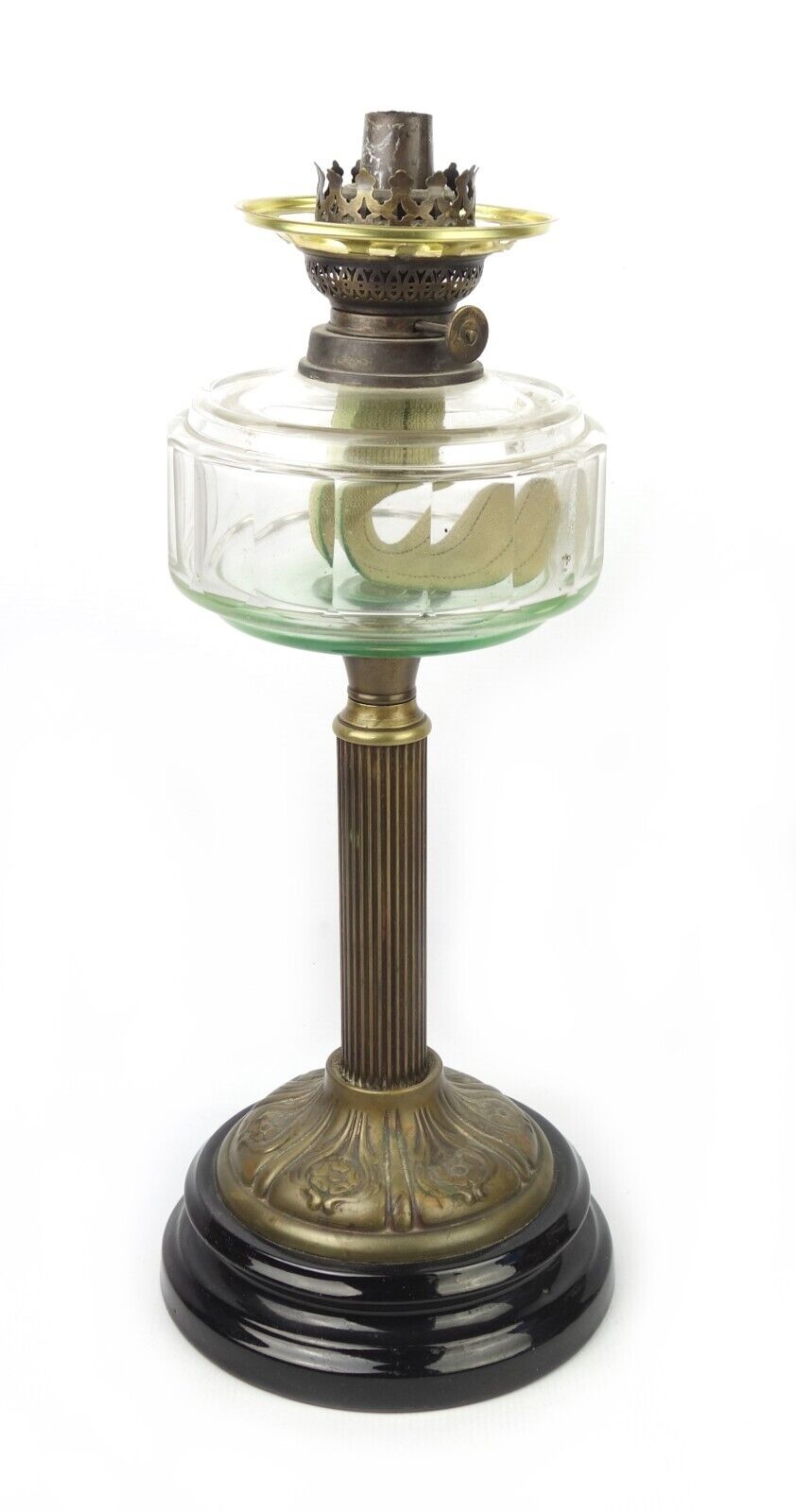 Antique 19th Century Tall Hammered Brass Pedestal Glass Kerosene Oil Lamp
