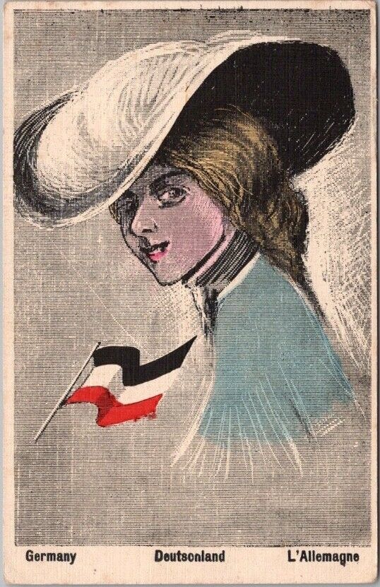 Vintage GERMANY Country Girl Postcard Pretty Lady / Large Hat / Flag 1907 Cancel
