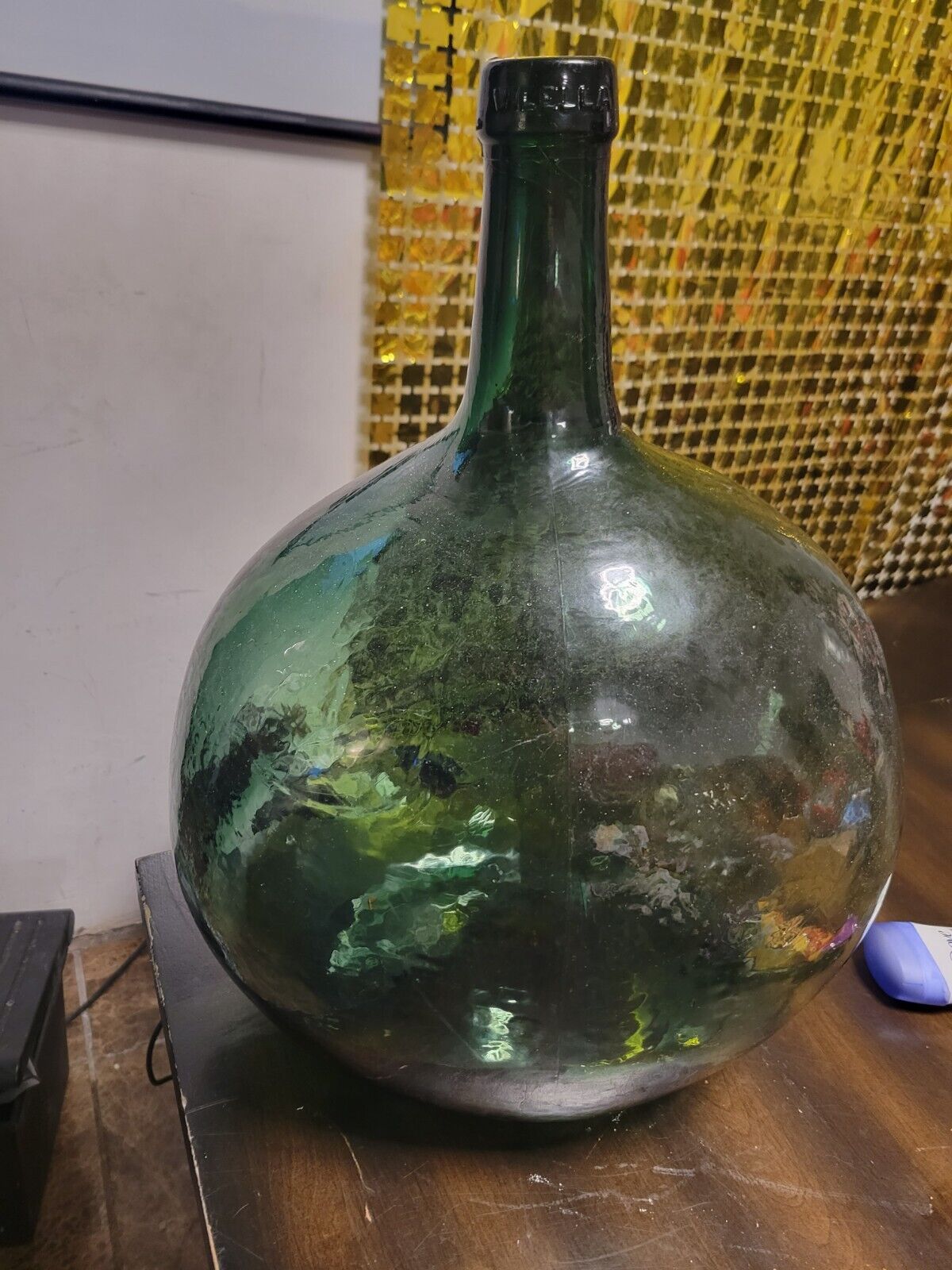 Vintage Vilella Green Wine Glass Blown Bottle Big Marked 16