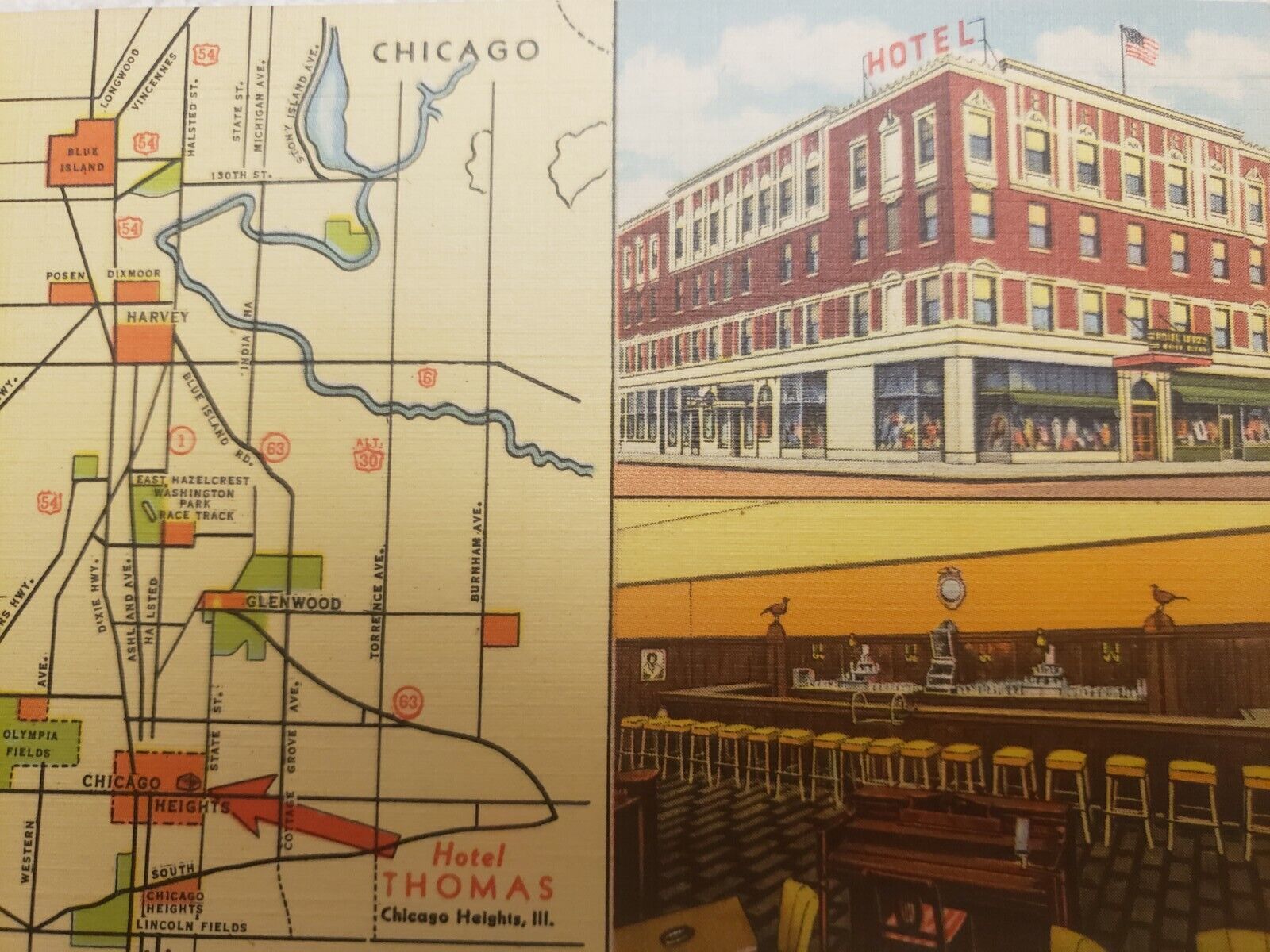 C 1940s Hotel Thomas Vignette Exterior Interior Map Chicago Heights IL Postcard