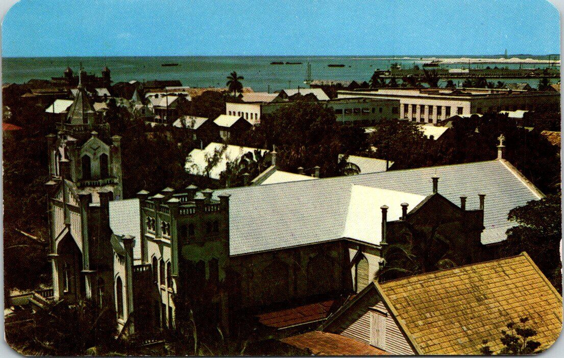 View of the Harbor and St. Paul\'s Church Key West Florida Vintage Postcard