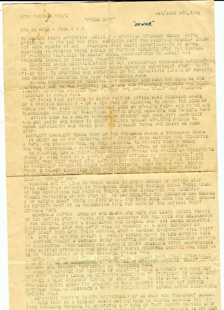 HISTORICALLY IMPORTANT 1945 ANTIQUE WORLD WAR 2 PRESS RELEASE LETTER / MILITARY