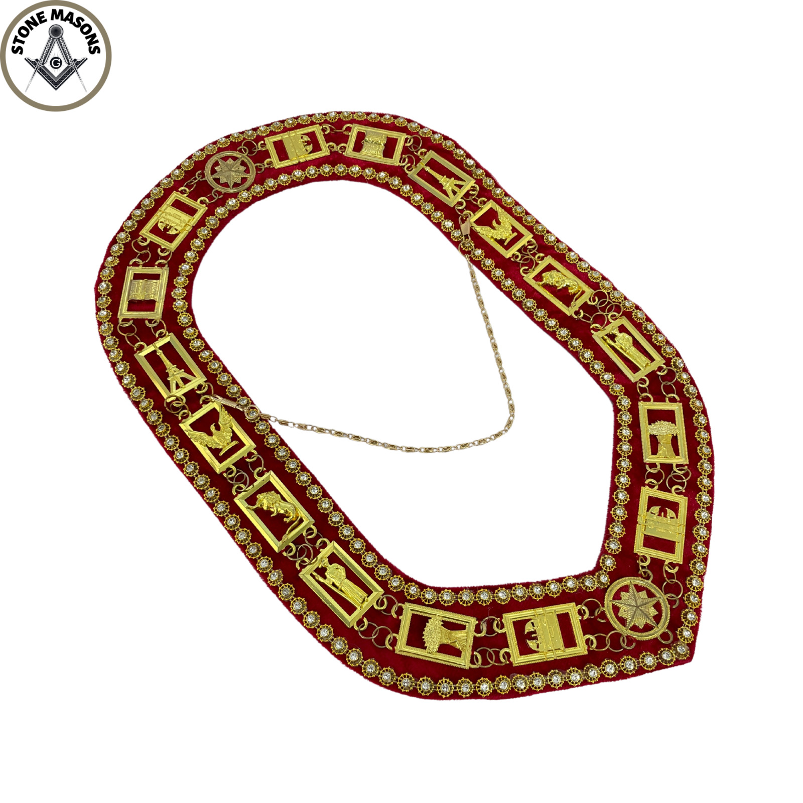 HOJ Chain Collar, Masonic Heroines of Jericho Chain Collar Gold Jewel Red Velvet