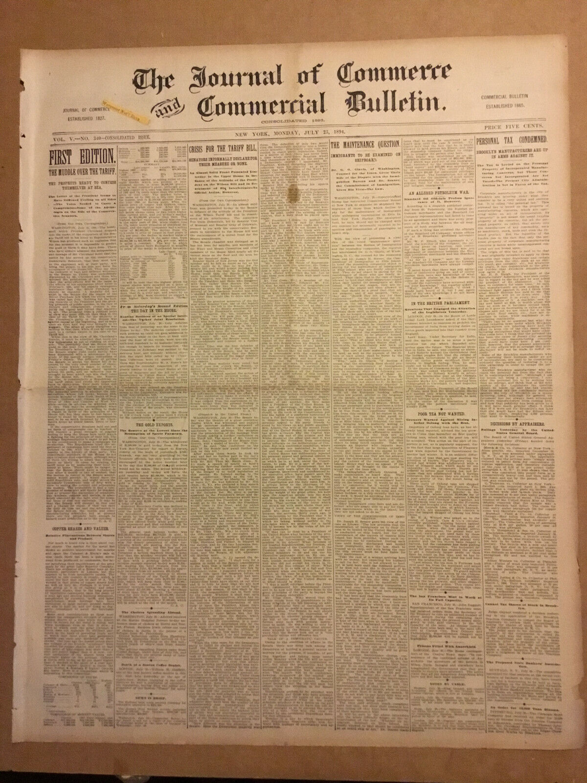 The Journal of Commerce 1894 Tariff Bill. Gold Exports. Petro War. Bridge Plans