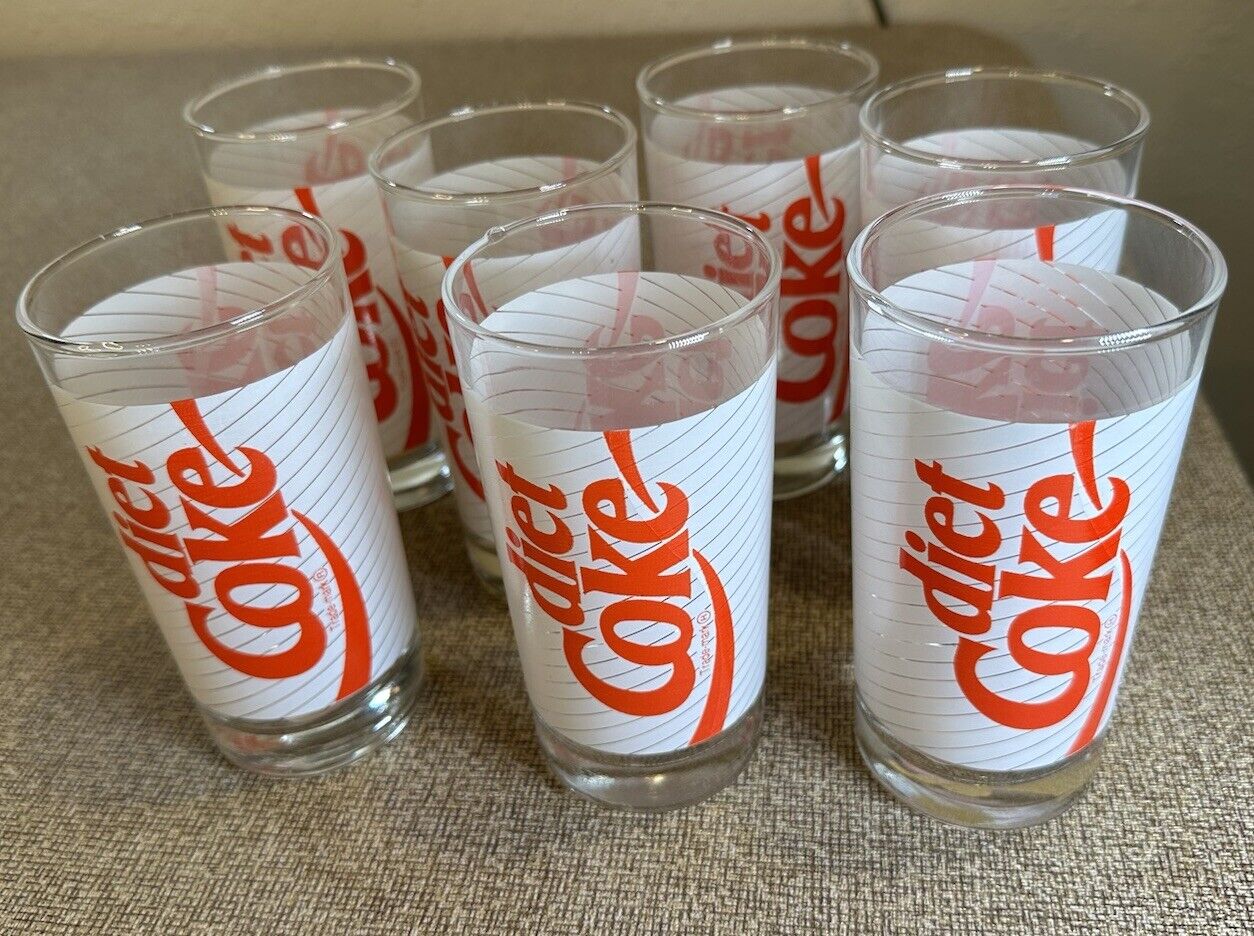 7 Vintage 1980s DIET Coke Coca Cola White Red Stripe Ribbon glasses Set