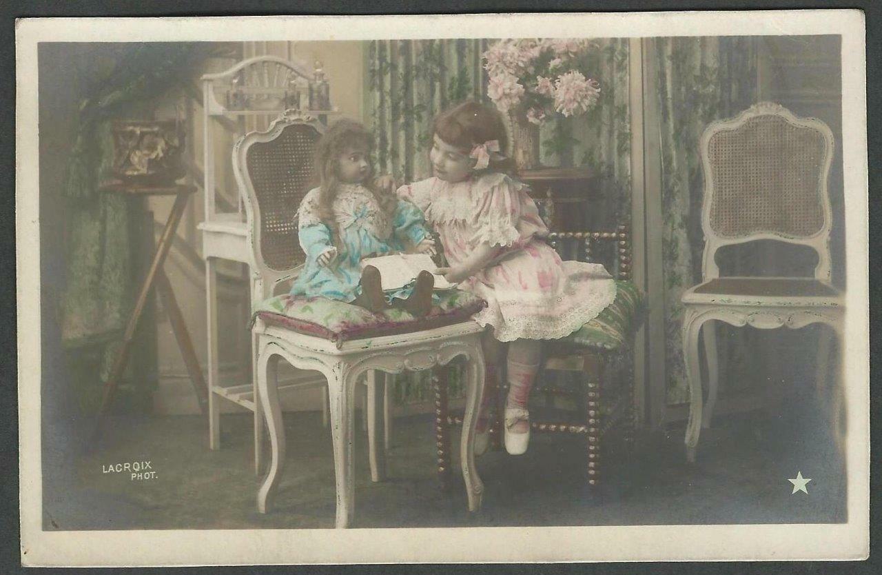 Real Photo Postcard Little Girl With French Bisque Doll Bebe Colorized RPPC 1913