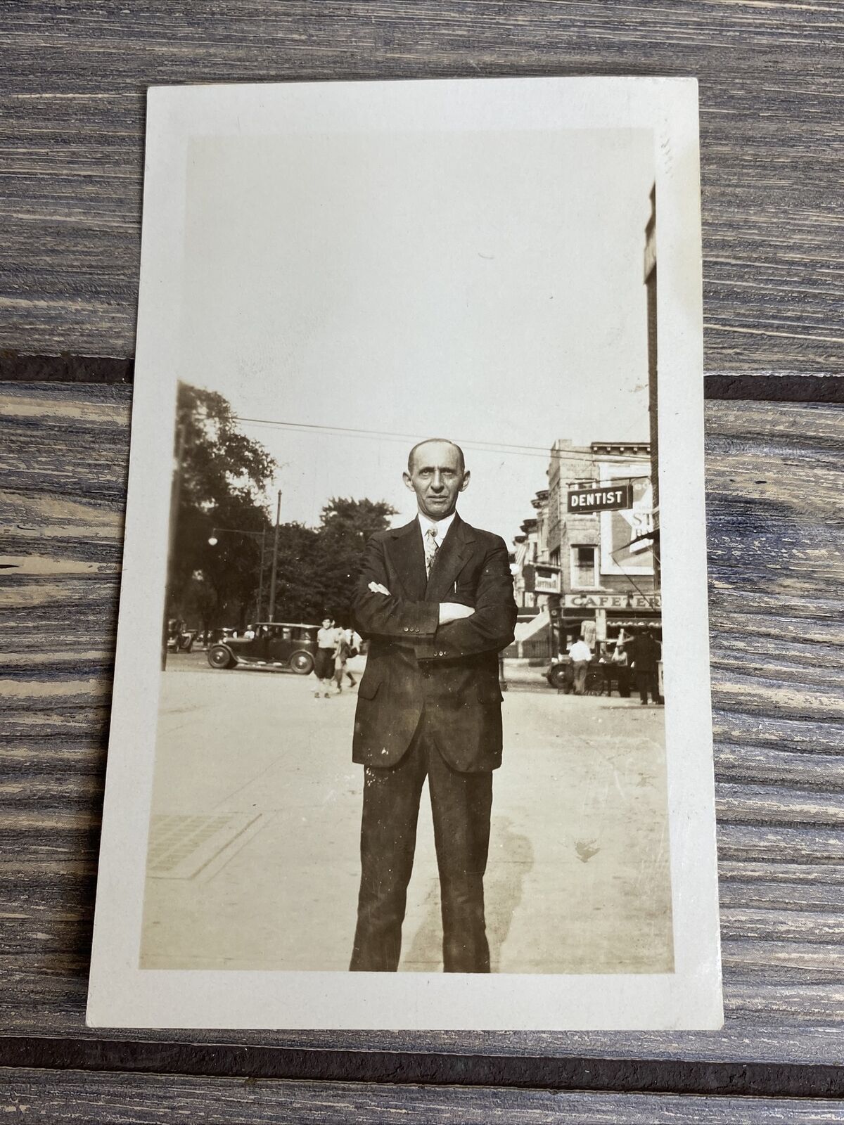 Vintage Black And White Photo Old Man Suit Standing Downtown Buildings July 1930