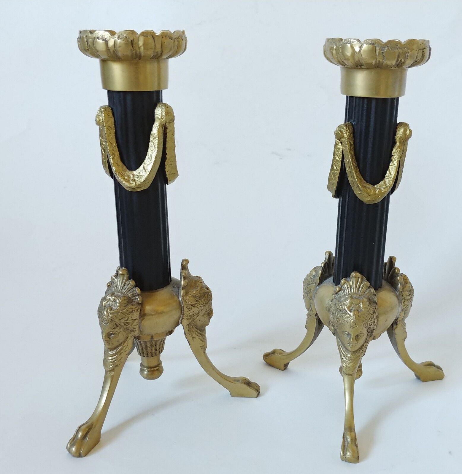 Pair Of 7in Black Metal Brass Footed Candlestick Holders French Ornate