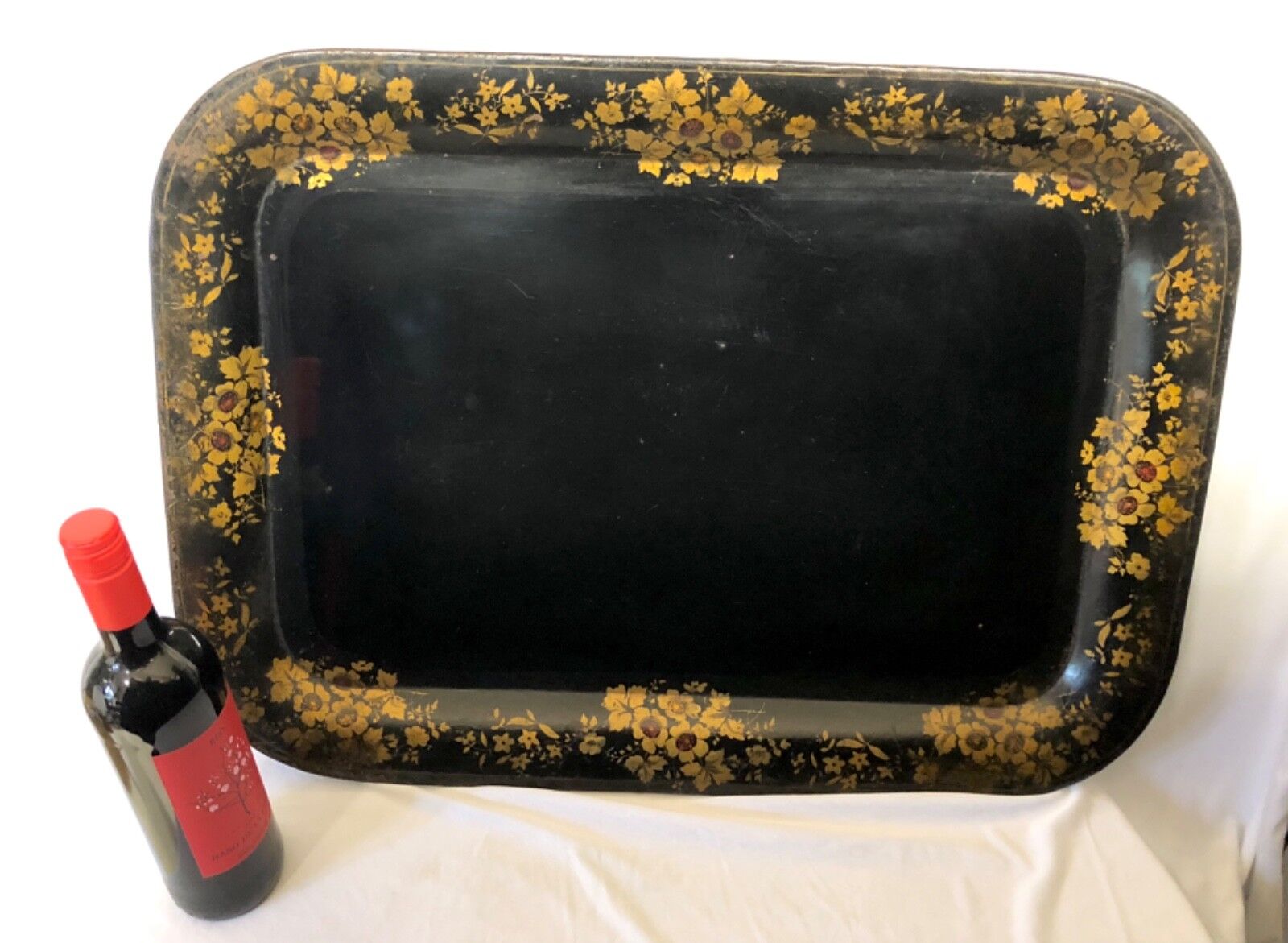 LARGE Antique Tin Tole Toleware Tray with Painted and Gilded Flowers Folk Art