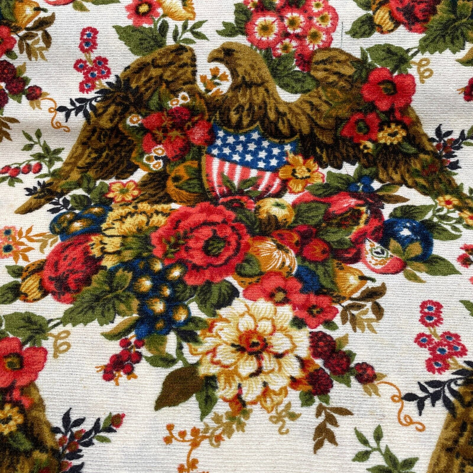 6 Yards VTG Patriotic Upholstery Fabric Eagle Flag Shield Fruit Floral Lrg Print