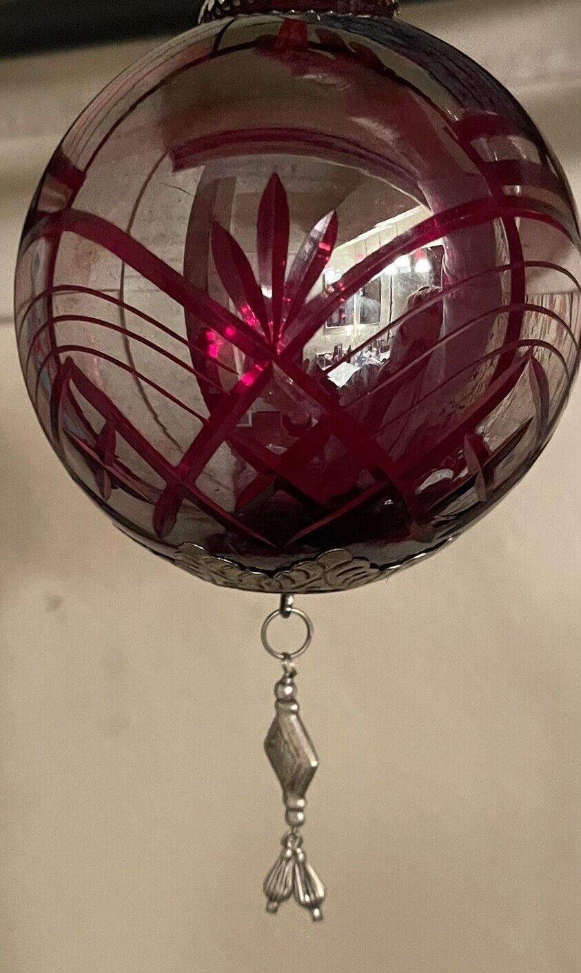 VTG Glass Ornament Etched Red Cranberry Frosted Silver Tone Trim 13
