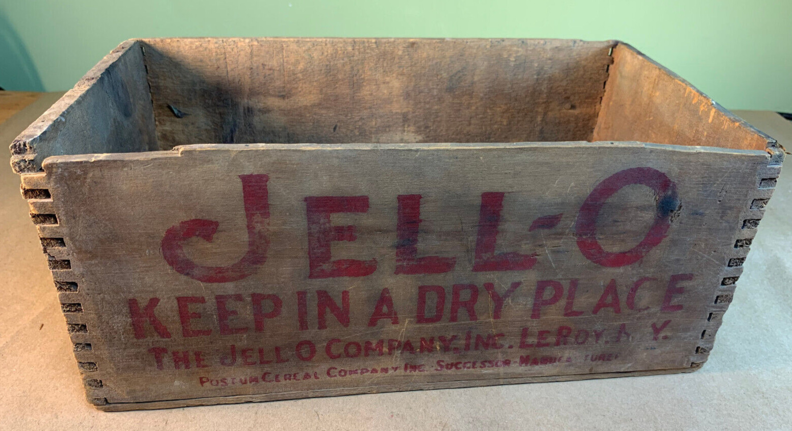 Antique Wooden Crate Advertising Jello Jell-O Finger Joint Wood Box 14\