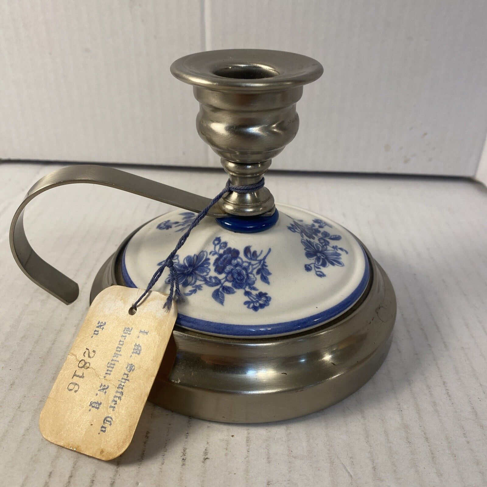 Vintage I.M. Scaffer Co. Metal with Blue and White Flower Ceramic Candle Holder